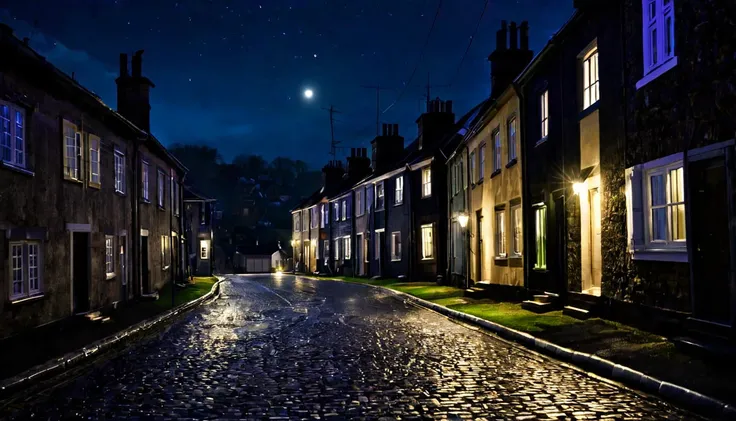 awakened street, several houses, dark night