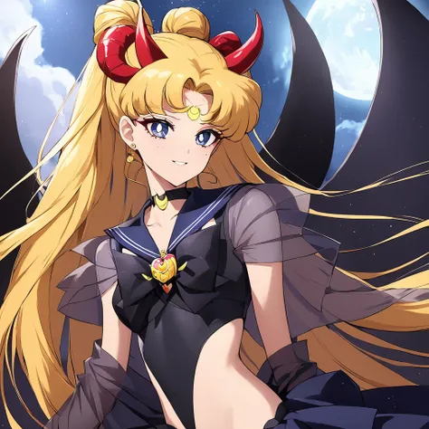 ((Highest quality)), ((masterpiece)), (detailed), （Perfect Face）、The woman is the dark queen of the black moon of the Black Moon clan, a demon warrior of lust and evil, the demon queen, Eternal Devil Queen Sailor Moon, and the woman is the jet-black, sexy ...