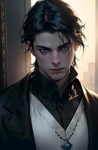 1male with black hair, blue eyes, and pale skin, 31 years old, (best quality,4k,8k,highres,masterpiece:1.2),ultra-detailed,(realistic,photorealistic,photo-realistic:1.37),cinematic lighting,dramatic lighting,intricate details,porcelain skin,elegant,serene,...