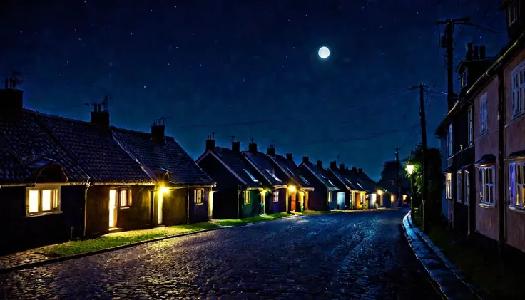 awakened street, several houses, dark night