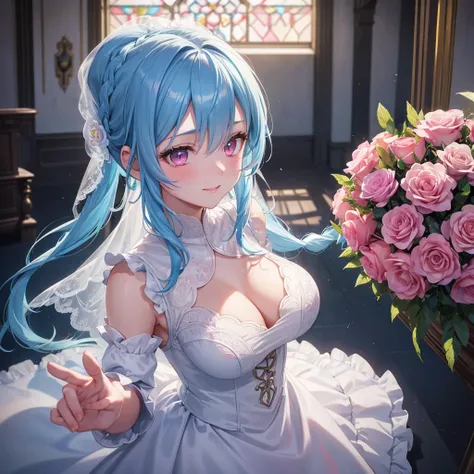 Sky blue hair, (Braided Ponytail),(Pink Eyes),Fair skin ,(whole body),(One girl),bride,A big smile,Straight bangs, 6月のbride,Wedding dress,(masterpiece, Highest quality, Very detailed, Best Shadow), (Detailed Background), (Beautifully detailed face), High C...