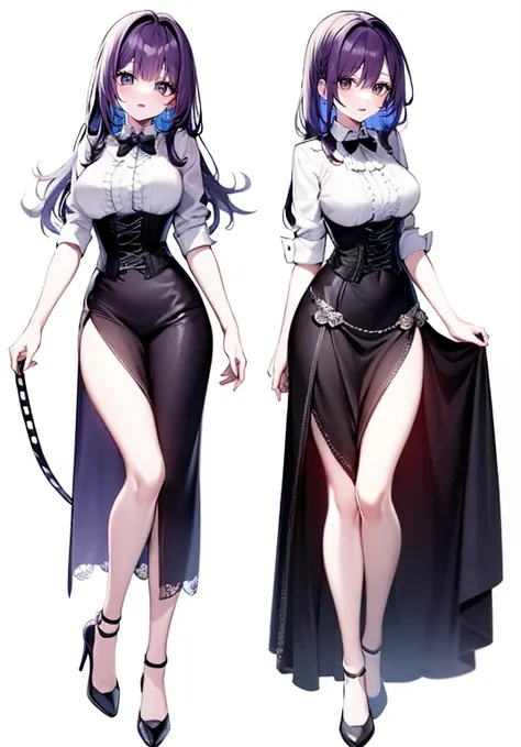 purple,long hair,woman,(corset),Shirt with rolled up sleeves,((Roll up your sleeves)),high heels,,simple background,smile,whole body,full body,full body,Standing picture,vtuber,upright,,Standing upright with face and body facing forward,