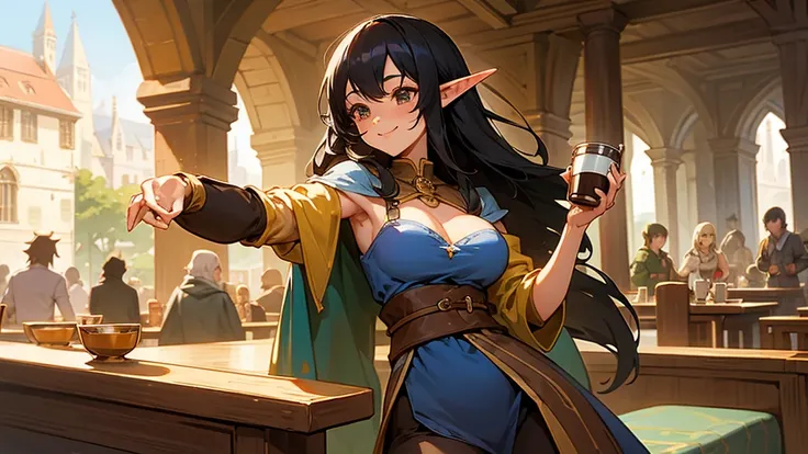 Anime Style,Nostalgic,Detailed background,The medieval world,A lively coffee shop with lots of people,Smiling bard black-haired beautiful elf girl holding coffee,Large Breasts,Healthy thighs,Underarm