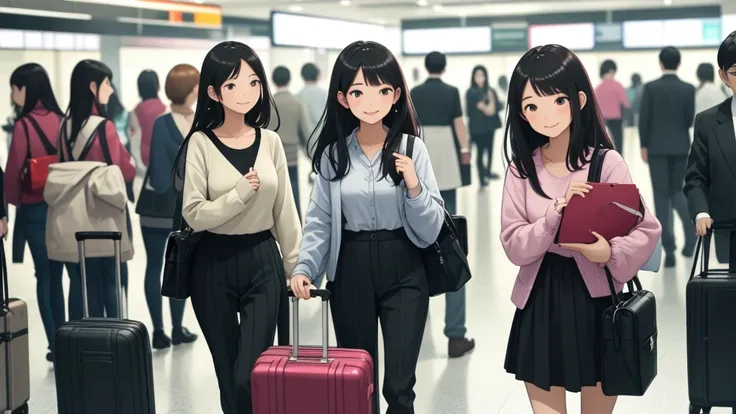 Girls with suitcases, their faces radiating a pretty and cheerful demeanor, are meticulously preparing to board their travel plane. Dressed in casual yet chic outfits, their hair gently dancing in the mild airport breeze, they exude a sense of excitement a...