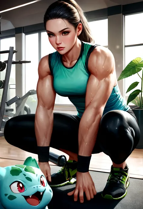 best quality,4k,ultra-detailed,realistic:1.37,professional,vivid colors,bokeh,Bulbasaur:1.1,training,gym,exercise equipment,energetic atmosphere,fit and healthy Bulbasaur,strong muscles,concentrated expression,bright and lively gym lighting,Bulbasaur weari...