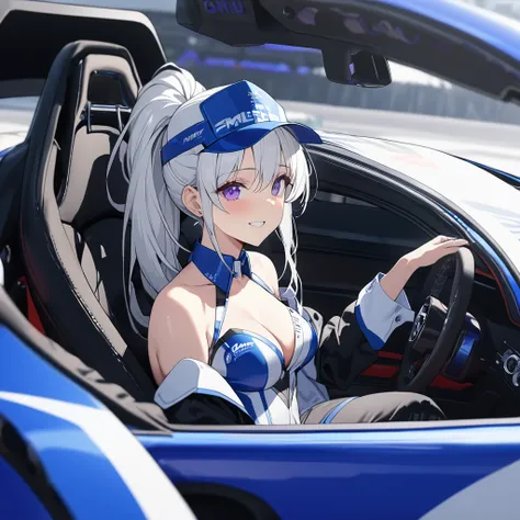 A woman wearing a race queen outfit, blue with white details, blue leather boots, long white hair, race queen hat, purple eyes, ponytail hair, sitting on a car seat, inside a race car, interior of the perfect racing car, perfect seats, holding the steering...