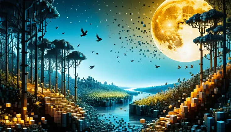 An enchanted forest made up of RAL-3D cubes, There are lots of little birds,Wrapped in the magical light of the moon,Very beautiful secret forest,You can see a beautiful river flowing from the top of the mountain.,There are lots of birds flying