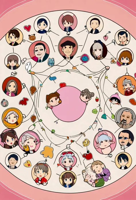 (sticker), (3D anime), ((family of 4 people)), father, mother, eldest daughter, youngest daughter,  fatherและmotherอยู่ด้านนอก, Two children were inside., (in circle background), Very detailed, Detailed diagram, is a vector, 8K, 专业sticker设计, graphic design...