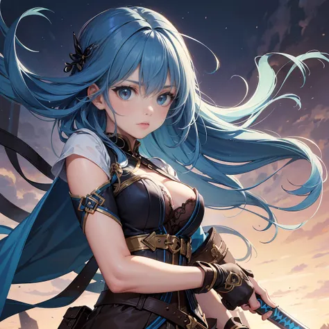 ( high quality , Very detailed, Accurate hands ),One Woman,Female Swordsman, Blue Hair, Long Hair, A revealing adventurer&#39;s outfit,Waist belt,Without skirt,topless,No underwear,High heels,Serious face,Inside the ruins,Combat Ready,