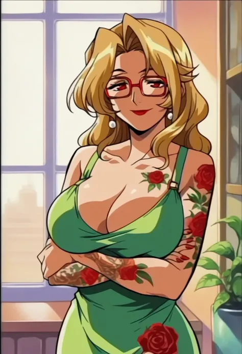 rating_explicit,beautyful mature woman, Shion Karanomori based, blonde wavy hair, encorped body, red glasses, red lipstick, collant dress, whole body roses tattoos,,in city, morning, milf, smile, red eyes, crossed arms, large breasts