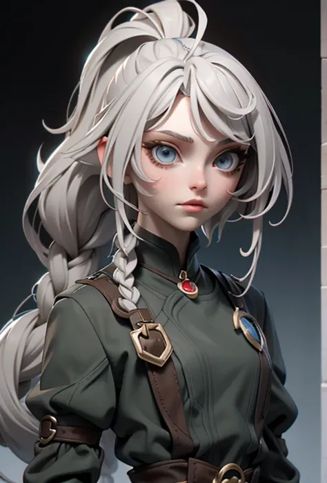 Портрет. Cassandra is a tall young woman with pale skin., gray eyes and white wavy hair with gray streaks, braided into a high ponytail with many small braids. Two strands of hair and asymmetrical bangs go down the sides of the face