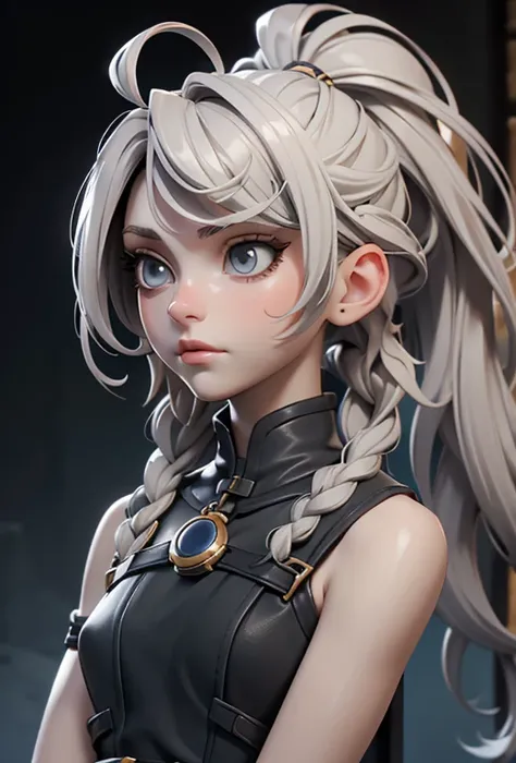 Портрет. Cassandra is a tall young woman with pale skin., gray eyes and white wavy hair with gray streaks, braided into a high ponytail with many small braids. Two strands of hair and asymmetrical bangs go down the sides of the face