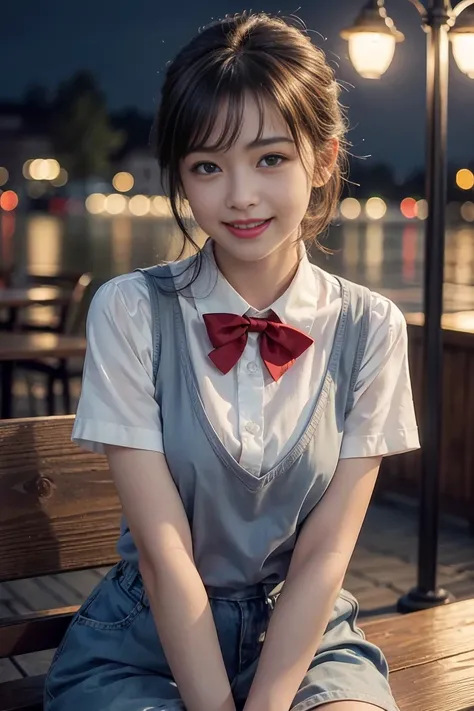 (8K, RAW Photos, Highest quality, masterpiece:1.2), (Realistic, photo-Realistic:1.37), Very detailed, 1 Girl,cute, alone,Beautifully detailed skies,Detailed Cafe,night,Sitting,date,(Red Nose),(smile:1.1),(Mouth closed), Medium Chest,Beautiful attention to ...