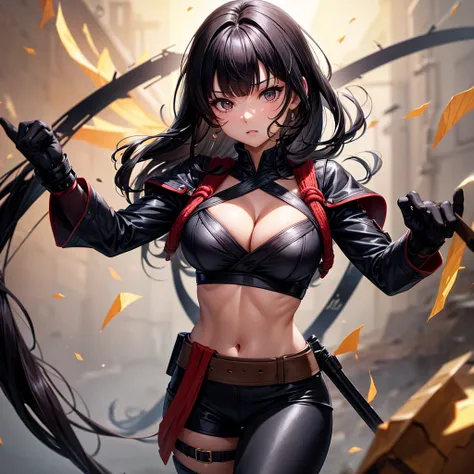 busty, brunette skin, caramel eyes, straight black hair bangs, ninja soldier outfit, 