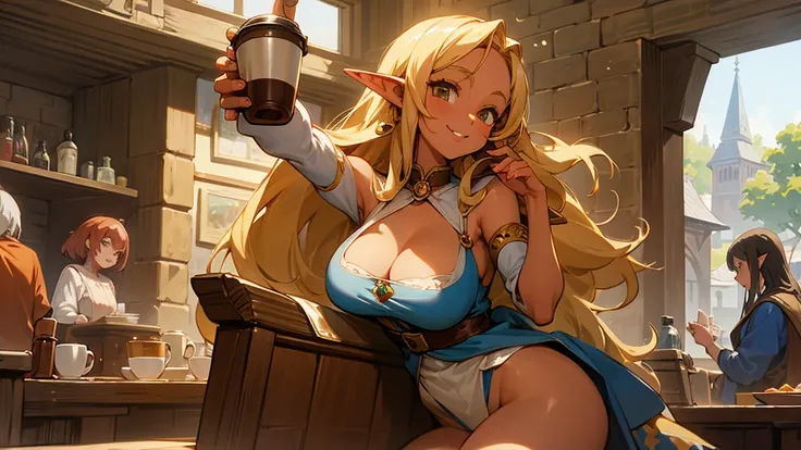 Anime Style,Nostalgic,Detailed background,The medieval world,A lively coffee shop with lots of people,Smiling bard brown-skinned beautiful elf girl holding coffee,Large Breasts,Healthy thighs,Underarm