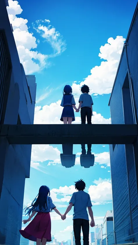 Emotional blue sky　Back view of lovers holding hands　Casual clothing　anime　