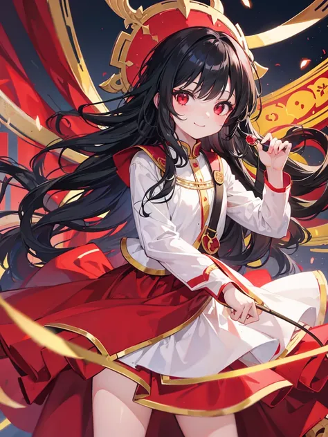 , red eyes, long wavy curry black hair, kid, smile, background in mansion