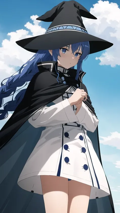 Browsing Caution,Under the skirt,Panty shot,White lace panties,Mushoku Tensei Style, Roxy Migurdia, One Girl, bangs, Black Hat, Blue background, blue eyes, Blue Hair, Braiding, brown Cape, Cape, close, Floating Hair, Hair between the eyes, have, Long Hair,...