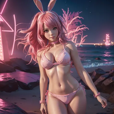 (cute and sexy girl,pink hair,bunny girl:1.1,ultra-realistic,best quality,4k,highres,masterpiece:1.2),detailed lighting,anime, pink bikini, midnight lights at the beach
