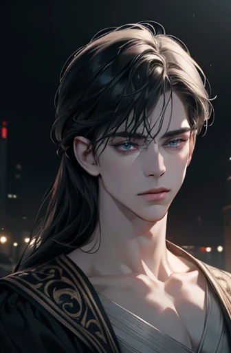 1male with black hair, blue eyes, and pale skin, 31 years old, (best quality,4k,8k,highres,masterpiece:1.2),ultra-detailed,(realistic,photorealistic,photo-realistic:1.37),cinematic lighting,dramatic lighting,intricate details,porcelain skin,elegant,serene,...