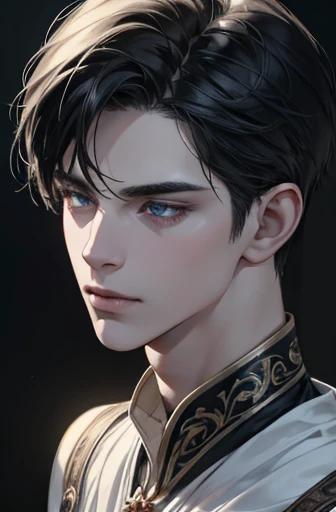 1male with black hair, blue eyes, and pale skin, 31 years old, (best quality,4k,8k,highres,masterpiece:1.2),ultra-detailed,(realistic,photorealistic,photo-realistic:1.37),cinematic lighting,dramatic lighting,intricate details,porcelain skin,elegant,serene,...