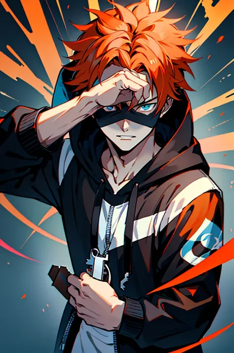 (Best Quality:0.8), (Best Quality:0.8), perfect anime illustration, anime boy in black hoodie with orange hair and blue eyes, a character portrait inspired by Sakai Hōitsu, trend on pixiv, what is?, handsome boy in Demon Slayer art, anime key art, Romantic...