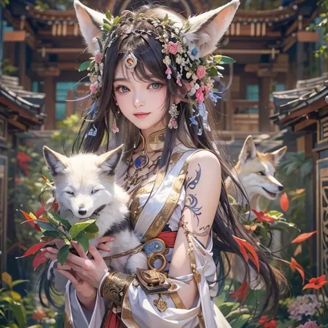 Hiding in an ancient shrine、Hair Flow、 ((Highest quality、masterpiece、8K、Best image quality、Ultra-high resolution、Award-winning works)、(Accurate anatomy:1.1)、(Look at me and smile:1.1)、Shining fair skin with Ultra-high resolution、The most detailed face、Ultr...