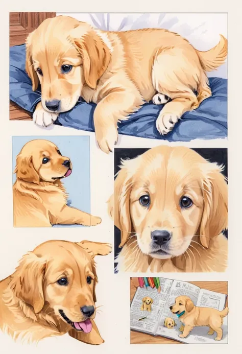 golden retriever puppy，white，art，，colored pencil sketch，sketch ，comic collage