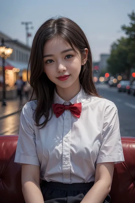 (8K, RAW Photos, Highest quality, masterpiece:1.2), (Realistic, photo-Realistic:1.37), Very detailed, 1 Girl,cute, alone,Beautifully detailed skies,Detailed Cafe,night,Sitting,date,(Red Nose),(smile:1.1),(Mouth closed), Medium Chest,Beautiful attention to ...