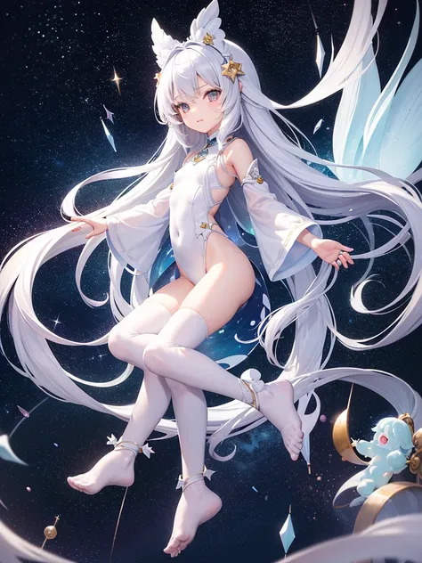 Little Loli，masterpiece, high resolution, best quality, Very detailed,wallpaper，Space starry sky background，Cute and cute，A body made of white jade，Silver long hair，Height one meter five，V-shaped jumpsuit，Full body picture,No shoes，Very small feet，Feet mad...