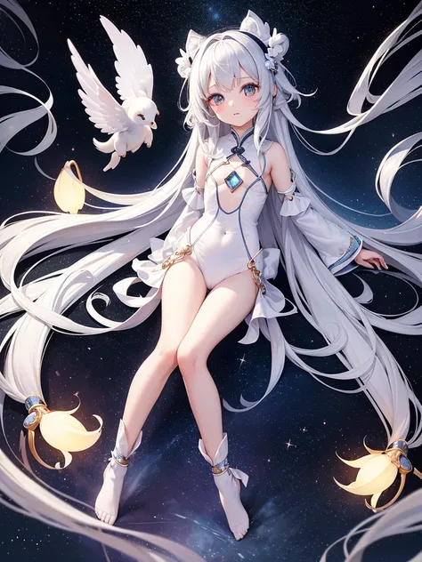 Little Loli，masterpiece, high resolution, best quality, Very detailed,wallpaper，Space starry sky background，Cute and cute，A body made of white jade，Silver long hair，Height one meter five，V-shaped jumpsuit，Full body picture,No shoes，Very small feet，Feet mad...