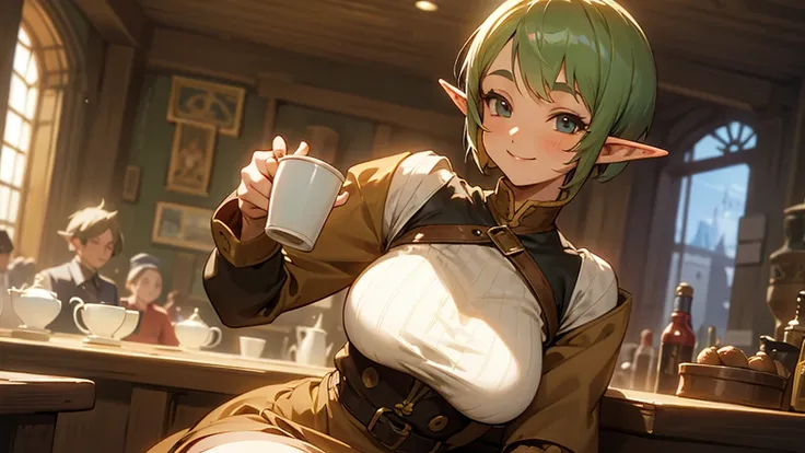 Anime Style,Nostalgic,Detailed background,The medieval world,A lively coffee shop with lots of people,A smiling short-haired bard elf girl holding a cup of coffee,Large Breasts,Healthy thighs,Underarm