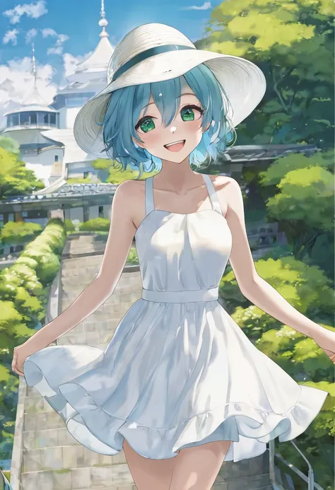 Light blue hair、Short Bob、Deep green eyes、Small breasts、White dress、White Sandals、White hat with a large brim、smile、Walking、best quality