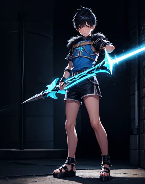 Young 13-year-old boy with black hair and brown eyes, innocent and happy, dressed in short neon-blue medieval barbarian clothes, fur shorts, light-blue battle armor, weilding silver sword and shield, sandals; fullbody; short hair, boyish athletic, sexy, me...