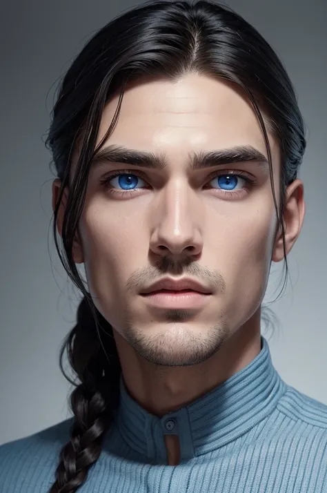 Man blue eyes slightly wavy, dark hair hard, masculine face with perfectly symmetrical features dark, straight eyebrows 
