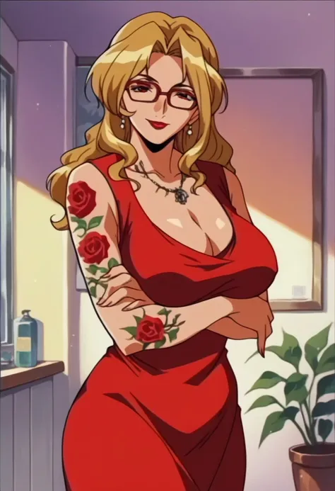 rating_explicit,beautyful mature woman, Shion Karanomori based, blonde wavy hair, encorped body, red glasses, red lipstick, red low-cut dress, whole body roses tattoos,,in city, morning, milf, smile, red eyes, crossed arms, large breasts