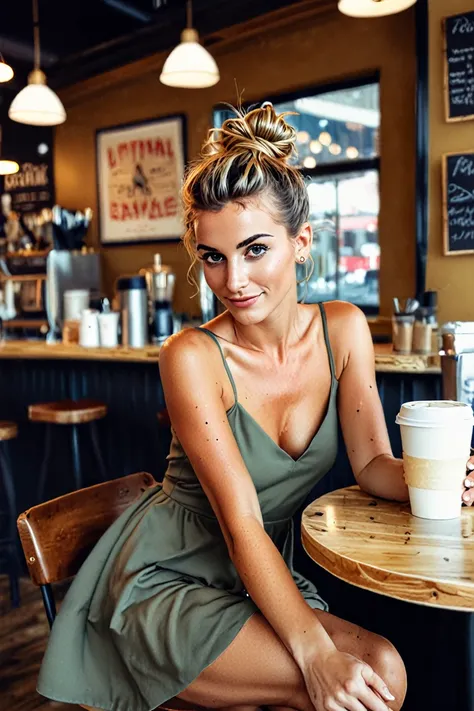 3/4 body photo of a gorgeous woman flirting with a seductive stare. sitting at a high top table wearing a cute dress, messy bun hair, in a coffee shop