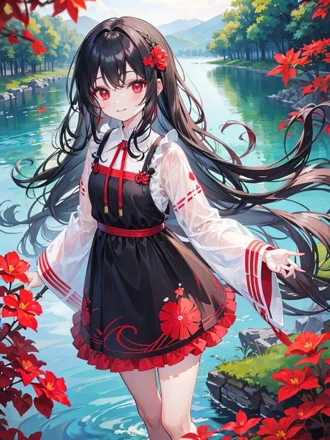 , red eyes, long wavy curry black hair, kid, smile, background in lake garden. Wear a flower-shaped hairpin on only one side