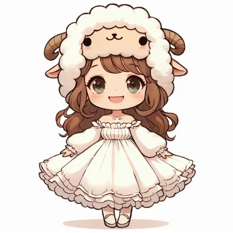 sheep-like girl、daytime、standing on the grass、facing forward、smile、wearing a fluffy white dress、light pink short hair