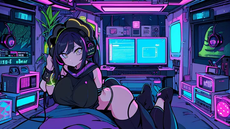 Best quality, (masterpiece), best detail face,1 girl, big breasts, 18 yo, 8k,absurdres,unity 8k wall paper,(extremely detailed:1.3), highest realistic, (retro headphones:), (soft neon light:), (psychedelic), Her room full of music equipment and plants, tig...