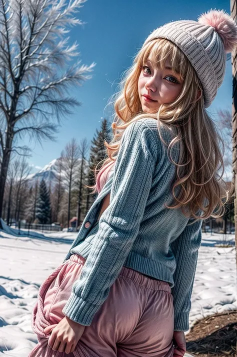 blonde long hair, cute, curly bangs hairstyle, blue sky, trees in background, pink 80s suit, pink beanie, posing, white winter c...