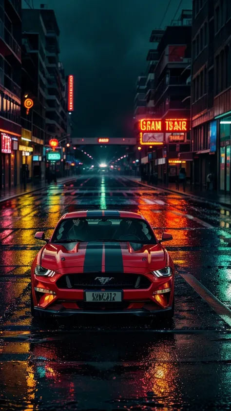  Showcase the Mustang GT on a rain-soaked city street at night. Raindrops bead on the cars surface, and colorful reflections of neon signs dance on the wet pavement. The cars headlights pierce through the darkness, creating a moody and atmospheric shot tha...