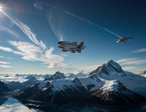  dynamic photography. Spaceship flying low over icy mountains 