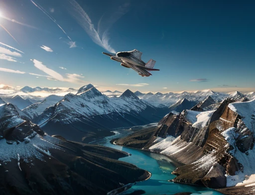  dynamic photography. Spaceship flying low over icy mountains 