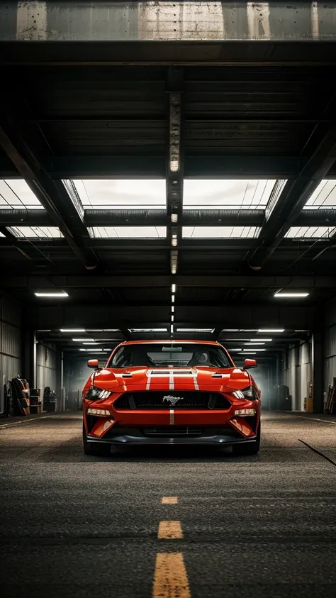 Position the Mustang GT in an industrial area, surrounded by large steel structures and machinery. Dramatic lighting highlights the cars muscular design, casting long shadows and creating a moody, cinematic effect. This setting emphasizes the cars ruggedne...