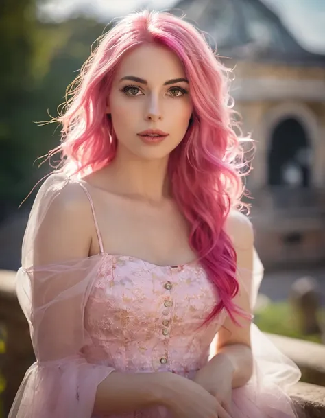 ((((Erotisch)))), (((innocent French woman, with long pink hair, 26 Jahre alt))), (Best quality,4k,8k,highres, Meisterwerk:1.2), Ultra-detailliert,((sweet mischievous flirtatious)) Empire-Mikrokleid, European model, nicely printed, bilden, Lippenstift, ((k...