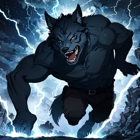 action shot of breathtaking 1boy, solo, facial mark, black eyes, white sights, fangs, dake blue skin, werewolf 
 . award-winning, professional, highly detailed. Movement, energy, dynamic, intense, lightning