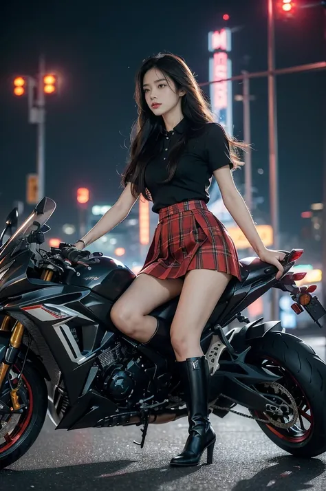 (((best quality))),(((ultra detailed))),(((masterpiece))),illustration,(1 beautiful girl,solo),((slim,thin)),((small breasts,flat chest)),(safety helmet:1.3),shoulder length straight hair,slender legs,cyberpunk, urban street,high school student, JK outfit,...