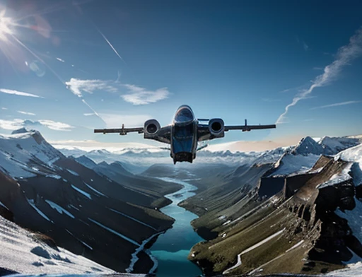  dynamic photography. Spaceship flying low over icy mountains 