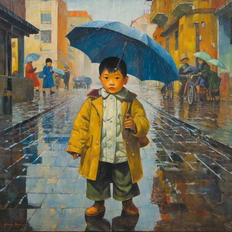 painting of two children with umbrellas and a dog in the rain, by Candido Portinari, by Watanabe Kazan, by Armin Baumgarten, by Fujishima Takeji, by Jerry Pinkney, by Tsubasa Nakai, by Tibor Rényi, by Ye Xin, by Kamisaka Sekka, inspired by Candido Portinar...